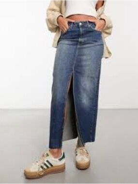 stradivarius Blue Straight-Leg Jeans Skirt with Front Slit raw hem